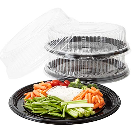 Heavy Duty Recyclable 16 In Serving Tray and Lid 3pk Large Black Plastic Party Platters with Clear Lids Elegant Round Banquet or Catering Trays for Serving Appetizers Sandwich and Veggie Plates