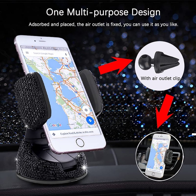 SUNCARACCL Bling Car Phone Holder, 360Â°Adjustable Crystal Auto Phone Mount Universal Rhinestone Car Stand Phone Holder Car Accessories for Windshield Dashboard and Air Outlet (Black) - Image 2