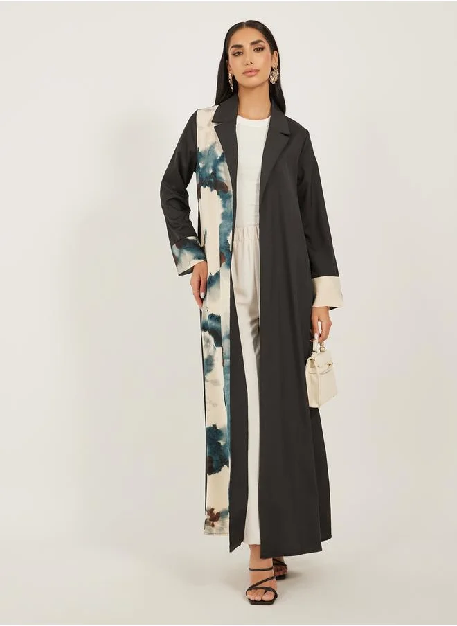 ستايلي Notch Lapel Collar Printed Label Open Abaya