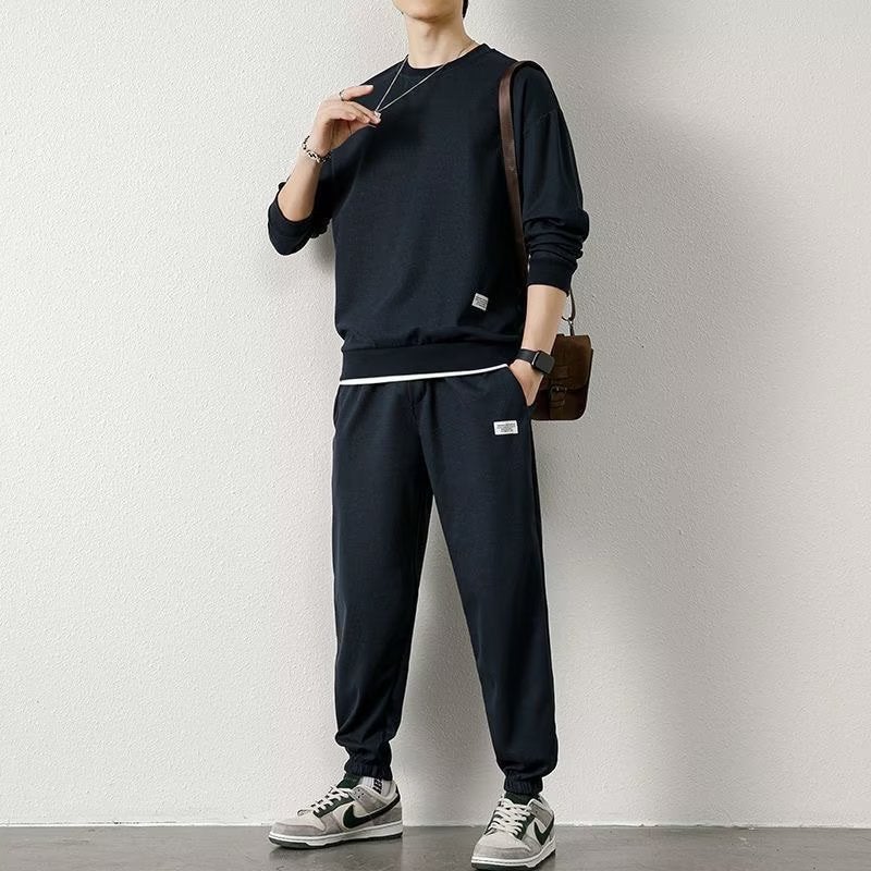 Generic 2023 new casual sports sweater suit mens autumn and winter New Hong Kong style loose waffle round neck sweater Brown - Image 3