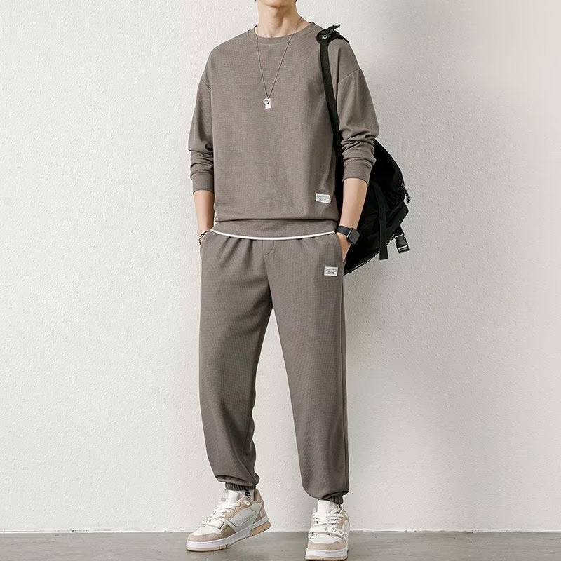 Generic 2023 new casual sports sweater suit mens autumn and winter New Hong Kong style loose waffle round neck sweater Brown - Image 1