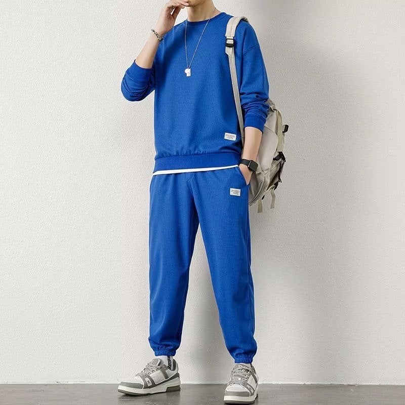 Generic 2023 new casual sports sweater suit mens autumn and winter New Hong Kong style loose waffle round neck sweater Brown - Image 2