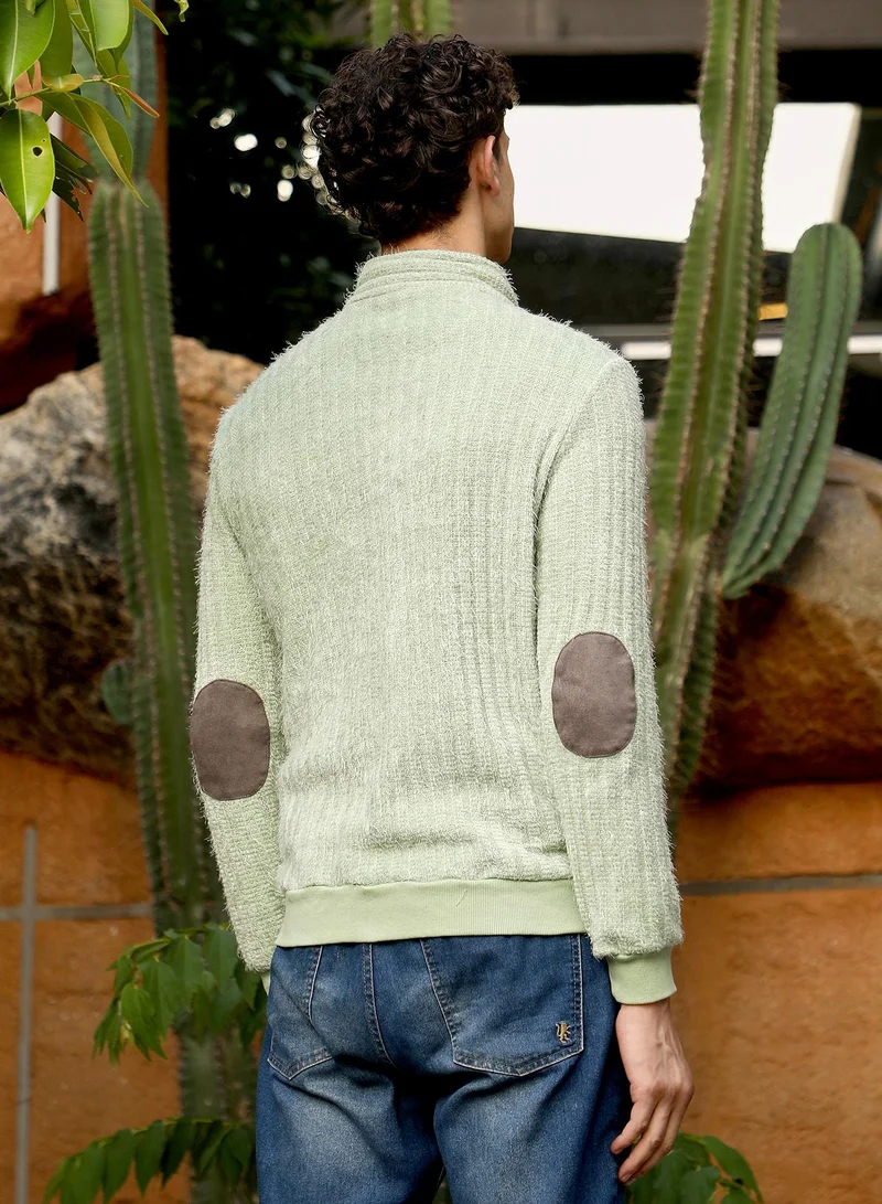 Campus Sutra Campus Sutra Men's Light Pistachio Zip-Front Tactile Fur-Knit Sweater | Stand Collar , Ribbed Cuff Sleeves , Zipper Closure , Ribbed-Straight Hem | Solid Fur For Casual & Daily Wear