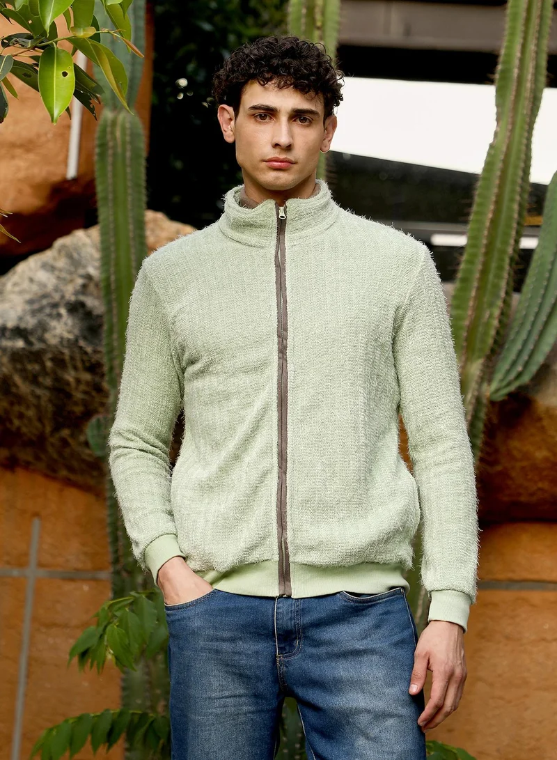 كامبوس سوترا Campus Sutra Men's Light Pistachio Zip-Front Tactile Fur-Knit Sweater | Stand Collar , Ribbed Cuff Sleeves , Zipper Closure , Ribbed-Straight Hem | Solid Fur For Casual & Daily Wear
