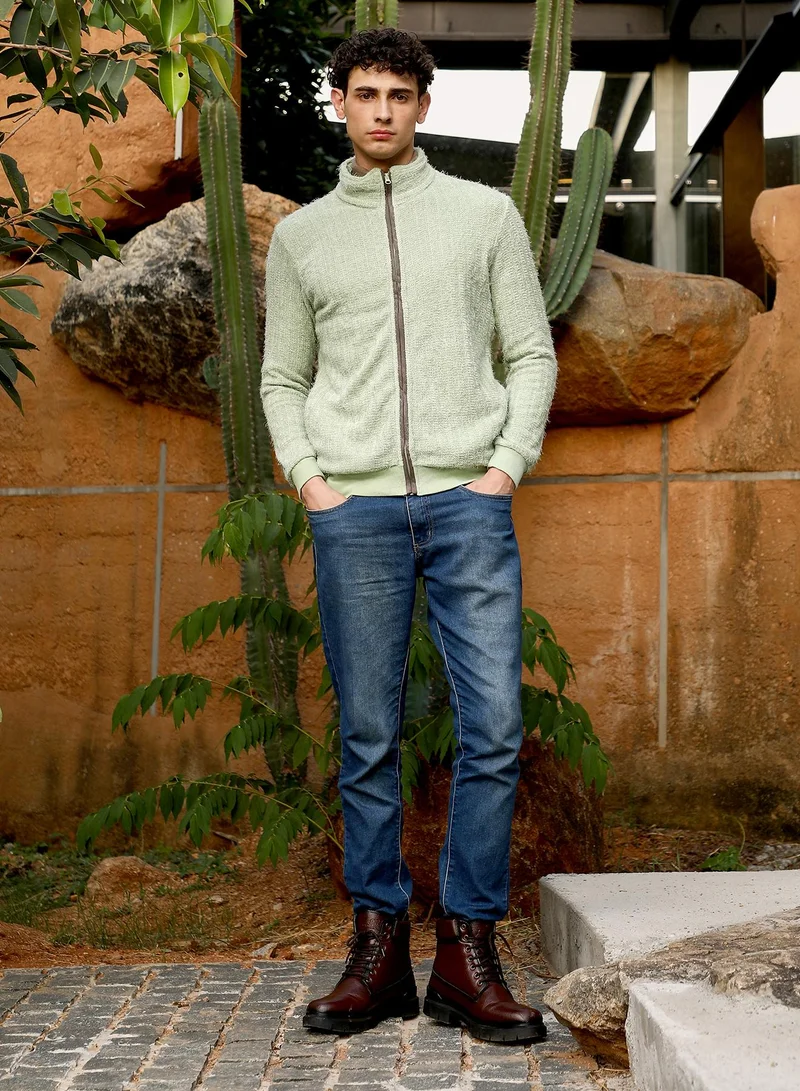 Campus Sutra Campus Sutra Men's Light Pistachio Zip-Front Tactile Fur-Knit Sweater | Stand Collar , Ribbed Cuff Sleeves , Zipper Closure , Ribbed-Straight Hem | Solid Fur For Casual & Daily Wear