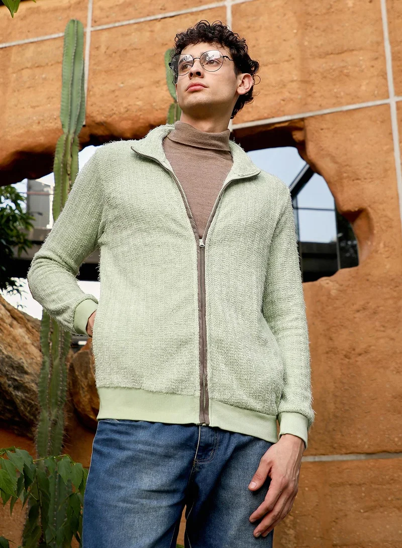 كامبوس سوترا Campus Sutra Men's Light Pistachio Zip-Front Tactile Fur-Knit Sweater | Stand Collar , Ribbed Cuff Sleeves , Zipper Closure , Ribbed-Straight Hem | Solid Fur For Casual & Daily Wear