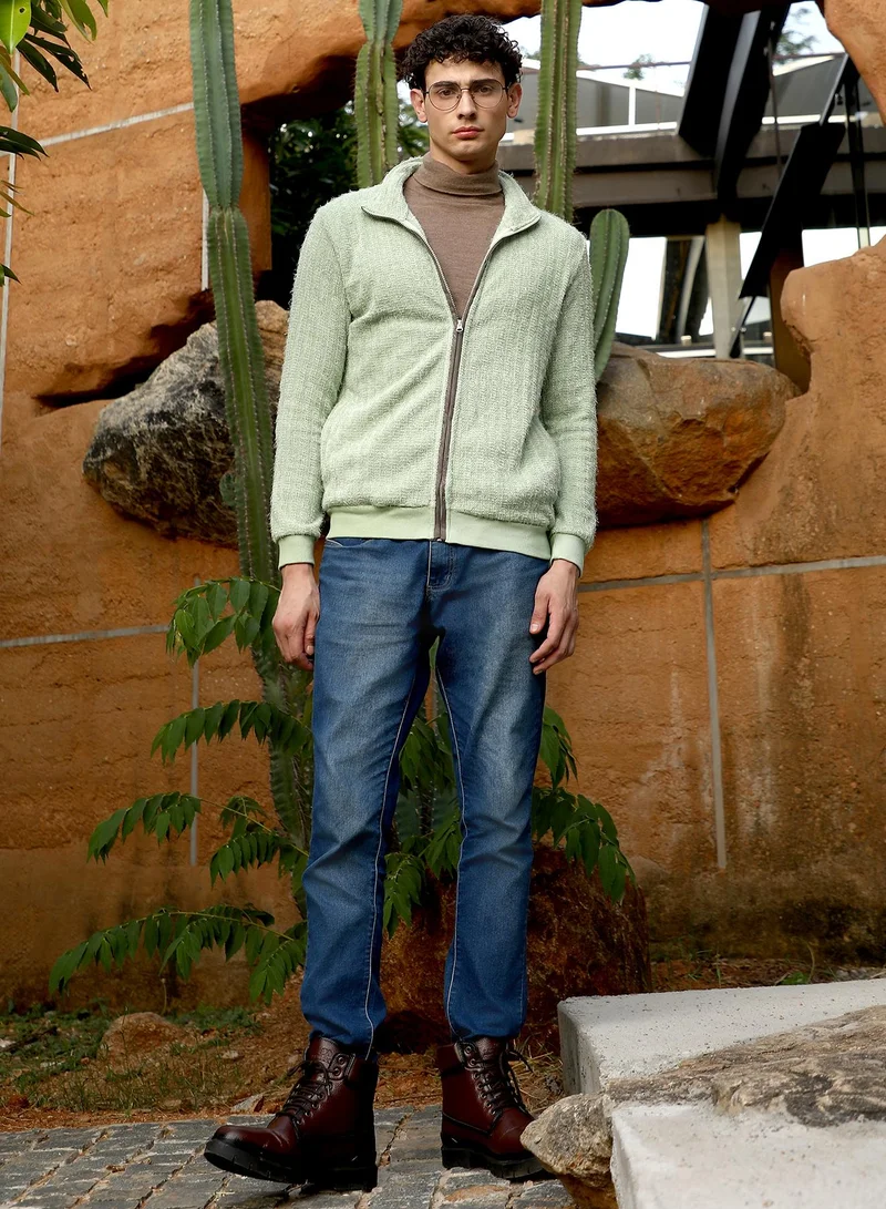Campus Sutra Campus Sutra Men's Light Pistachio Zip-Front Tactile Fur-Knit Sweater | Stand Collar , Ribbed Cuff Sleeves , Zipper Closure , Ribbed-Straight Hem | Solid Fur For Casual & Daily Wear
