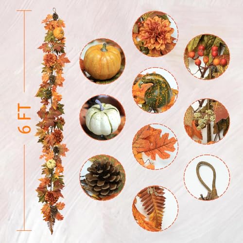 Ghrdopy Artificial Fall Maple Leaves Garland Hanging Vine 6Ft Fake Pumpkin Pine Berries Autumn Decoration Garland Decor for Fireplace Home Doorway Party Indoor Outdoor - Image 5