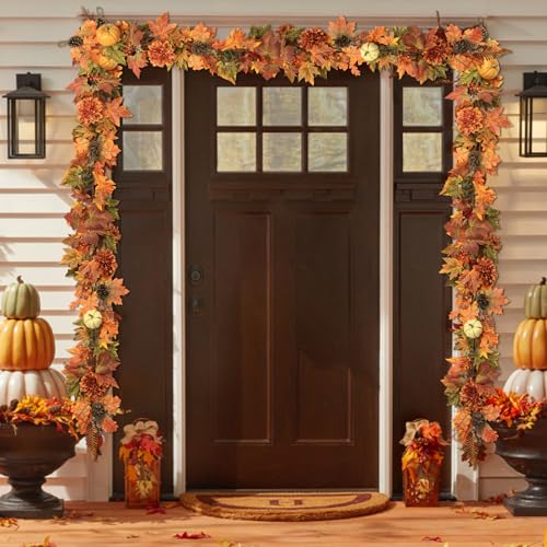 Ghrdopy Artificial Fall Maple Leaves Garland Hanging Vine 6Ft Fake Pumpkin Pine Berries Autumn Decoration Garland Decor for Fireplace Home Doorway Party Indoor Outdoor - Image 2