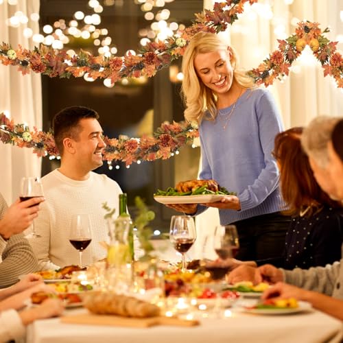 Ghrdopy Artificial Fall Maple Leaves Garland Hanging Vine 6Ft Fake Pumpkin Pine Berries Autumn Decoration Garland Decor for Fireplace Home Doorway Party Indoor Outdoor - Image 3