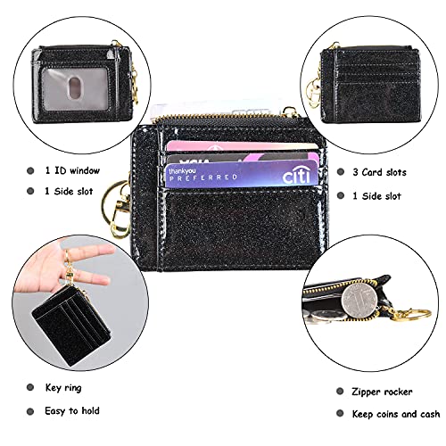 woogwin Slim RFID Credit Card Holder for Women Mini Front Pocket Wallet Purse With Keychain (Glitter Black) - Image 5