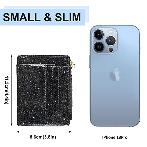 woogwin Slim RFID Credit Card Holder for Women Mini Front Pocket Wallet Purse With Keychain (Glitter Black) - Image 2