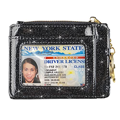 woogwin Slim RFID Credit Card Holder for Women Mini Front Pocket Wallet Purse With Keychain (Glitter Black) - Image 3