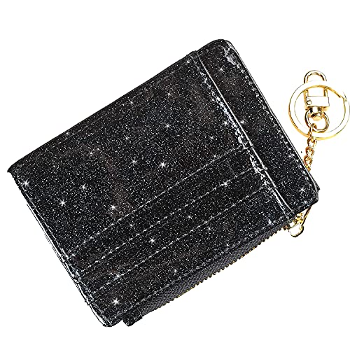 woogwin Slim RFID Credit Card Holder for Women Mini Front Pocket Wallet Purse With Keychain (Glitter Black) - Image 1