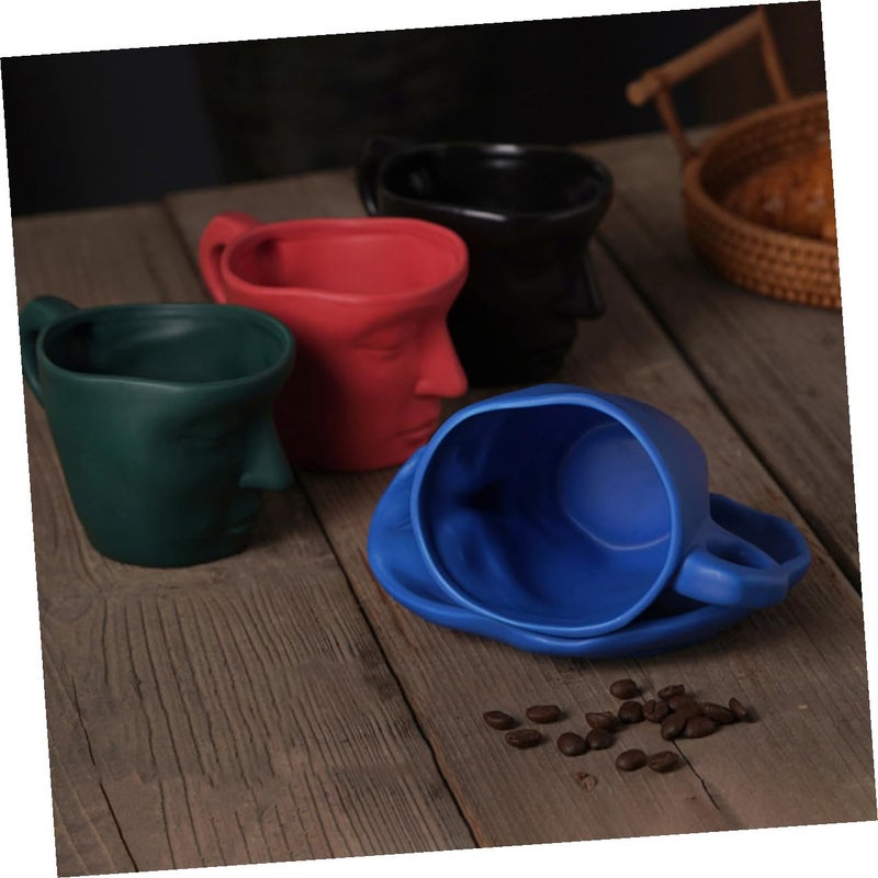 Matte Blue Ceramic Coffee Mug And Saucer Set 260ml Abstract Face Design For Couples - Image 5