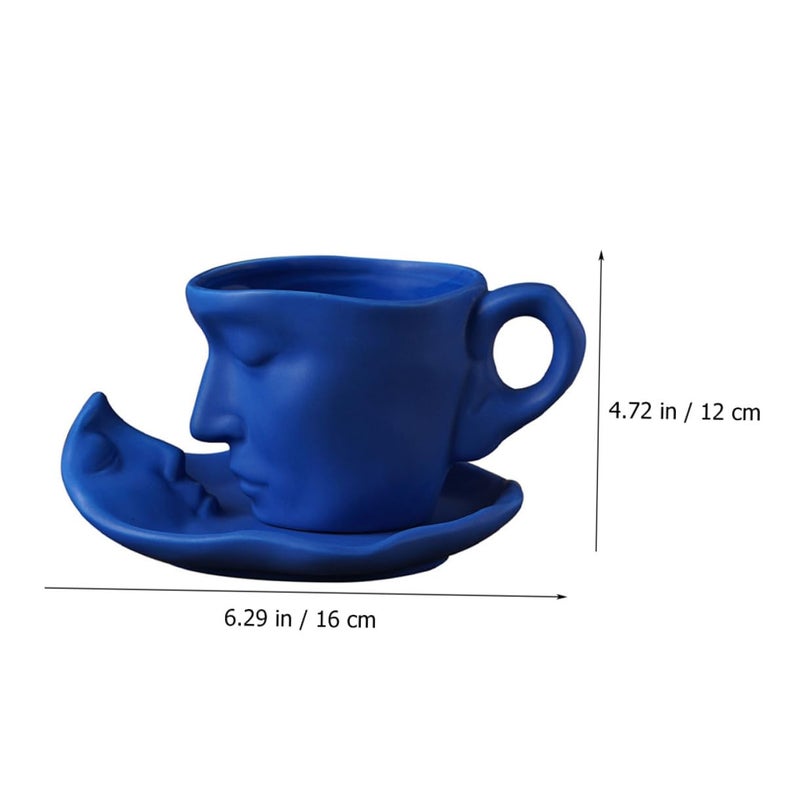 Matte Blue Ceramic Coffee Mug And Saucer Set 260ml Abstract Face Design For Couples - Image 3