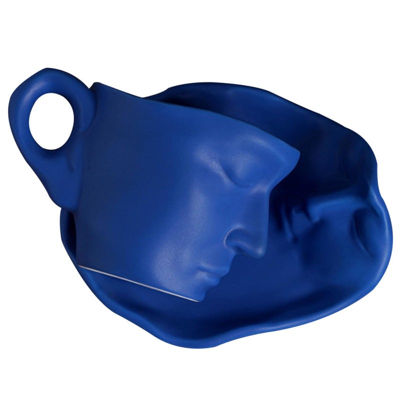 Matte Blue Ceramic Coffee Mug And Saucer Set 260ml Abstract Face Design For Couples - Image 2