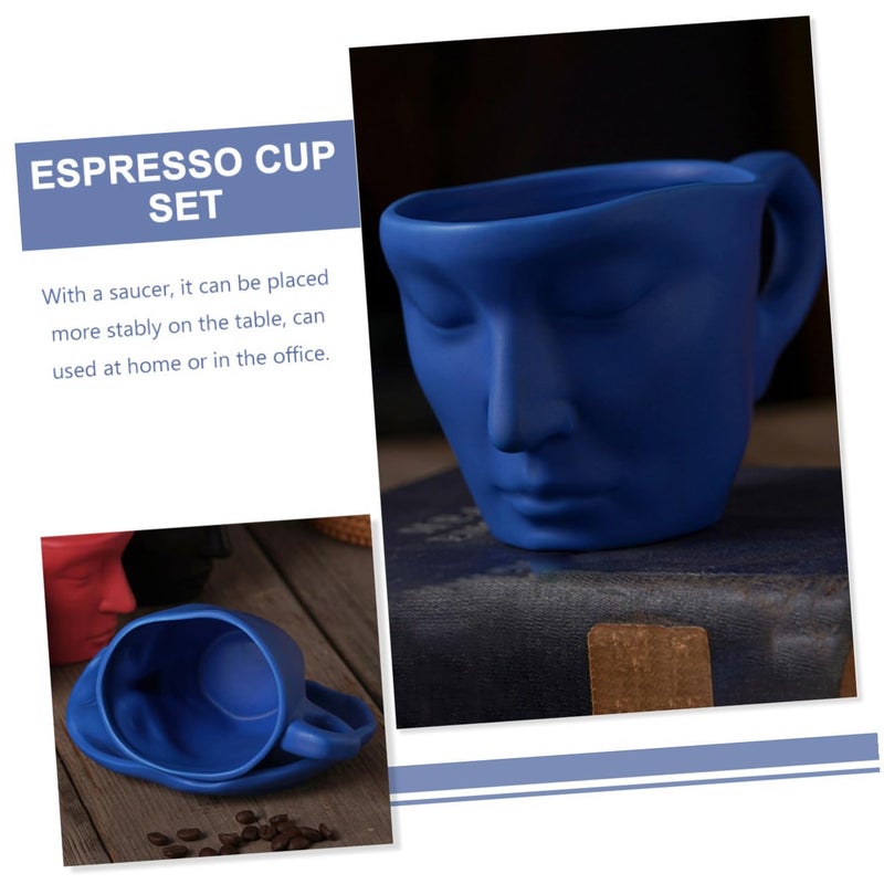 Matte Blue Ceramic Coffee Mug And Saucer Set 260ml Abstract Face Design For Couples - Image 4