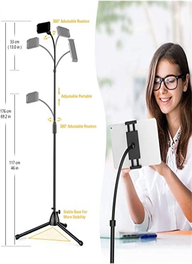 ORiTi - Tripod Stand Cell Phone Holder Adjustable 360 Swivel Lazy Phone Stand Holder 46" Tall iPad Floor Stand Tablet Stand Black, Extended Phone Clamp For All Mobile Phones, iPhone, iPad, Tablet (3.5-12.5in) - Image 1