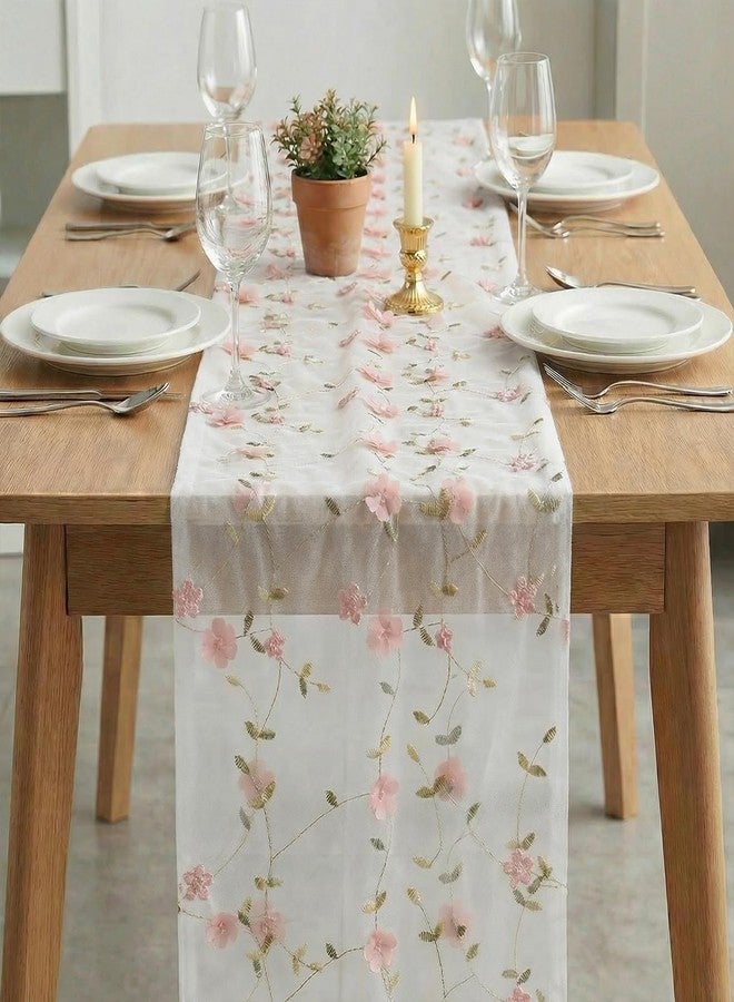 Artoid Mode Pink 3D Flower Gauze Embroidery Table Runner 120 Inch 10FT, Tulle Seasonal Spring Kitchen Dining Holiday Table Decor for Home Party - Image 3