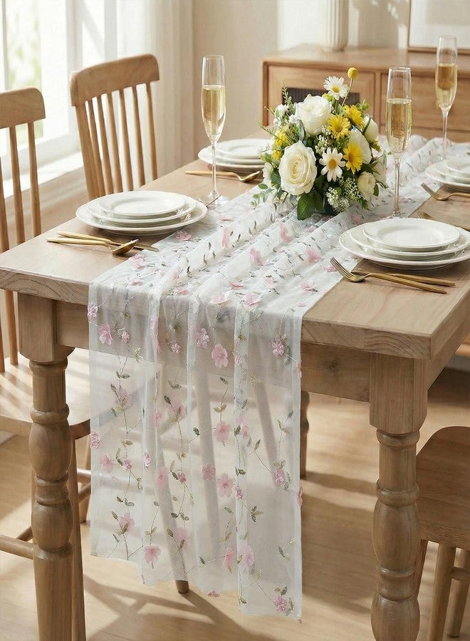 Artoid Mode Pink 3D Flower Gauze Embroidery Table Runner 120 Inch 10FT, Tulle Seasonal Spring Kitchen Dining Holiday Table Decor for Home Party - Image 2