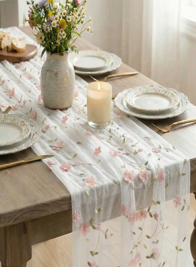 Artoid Mode Pink 3D Flower Gauze Embroidery Table Runner 120 Inch 10FT, Tulle Seasonal Spring Kitchen Dining Holiday Table Decor for Home Party - Image 4