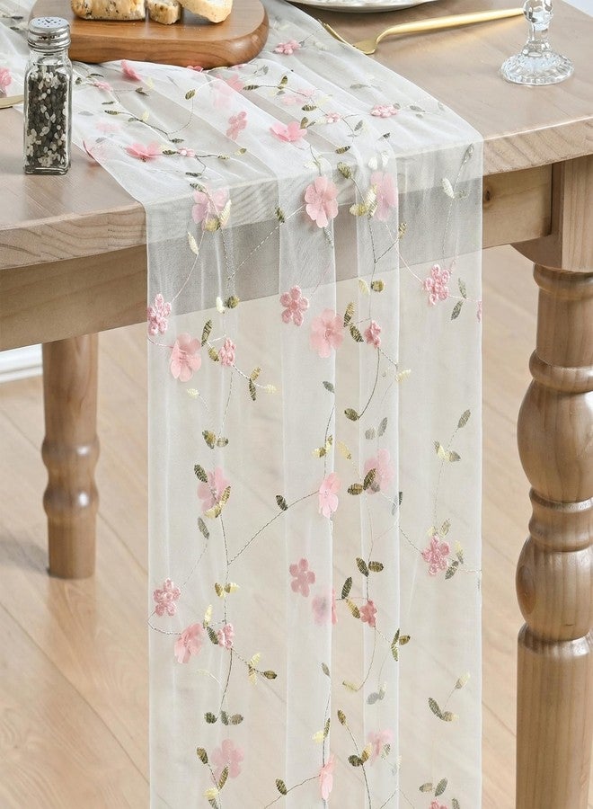 Artoid Mode Pink 3D Flower Gauze Embroidery Table Runner 120 Inch 10FT, Tulle Seasonal Spring Kitchen Dining Holiday Table Decor for Home Party - Image 1