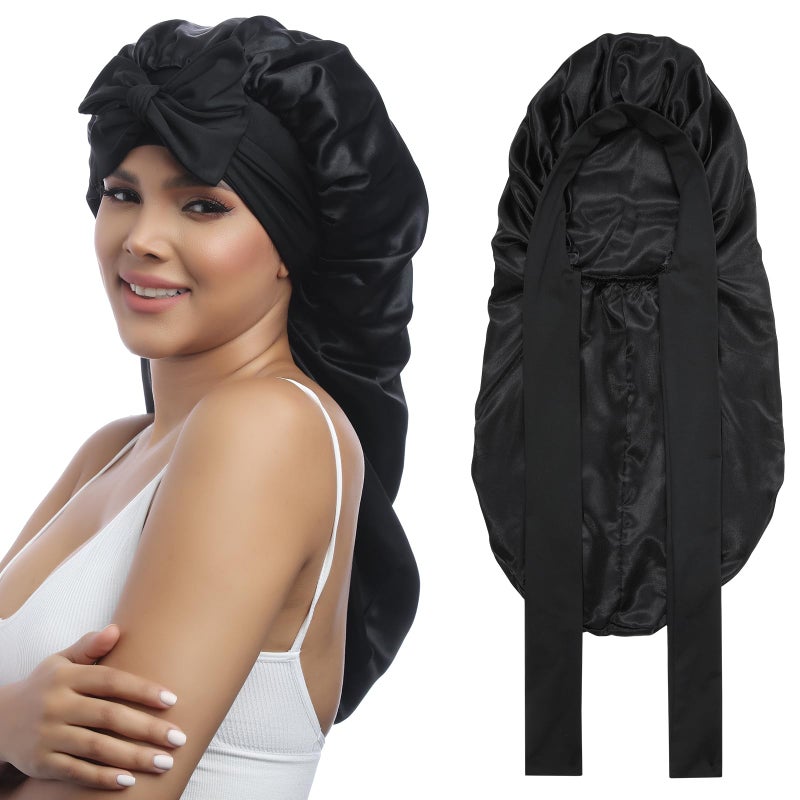 AWAYTR Long Satin Bonnet for Women - Double Layer Elastic Silk Bonnet for Braids Hair Sleeping Cap with Tie Band (Black) - Image 1