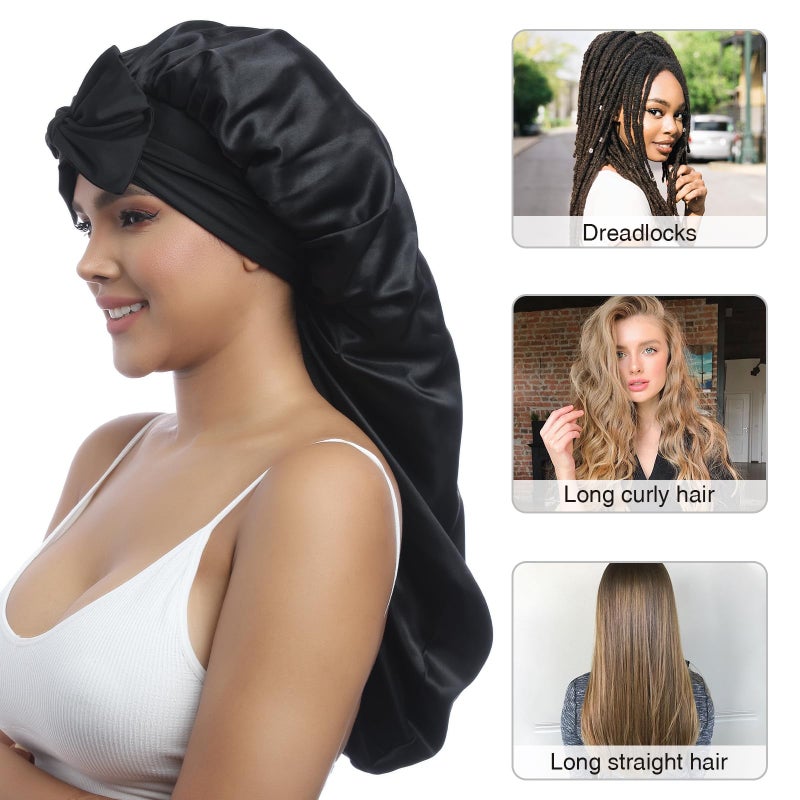 AWAYTR Long Satin Bonnet for Women - Double Layer Elastic Silk Bonnet for Braids Hair Sleeping Cap with Tie Band (Black) - Image 4
