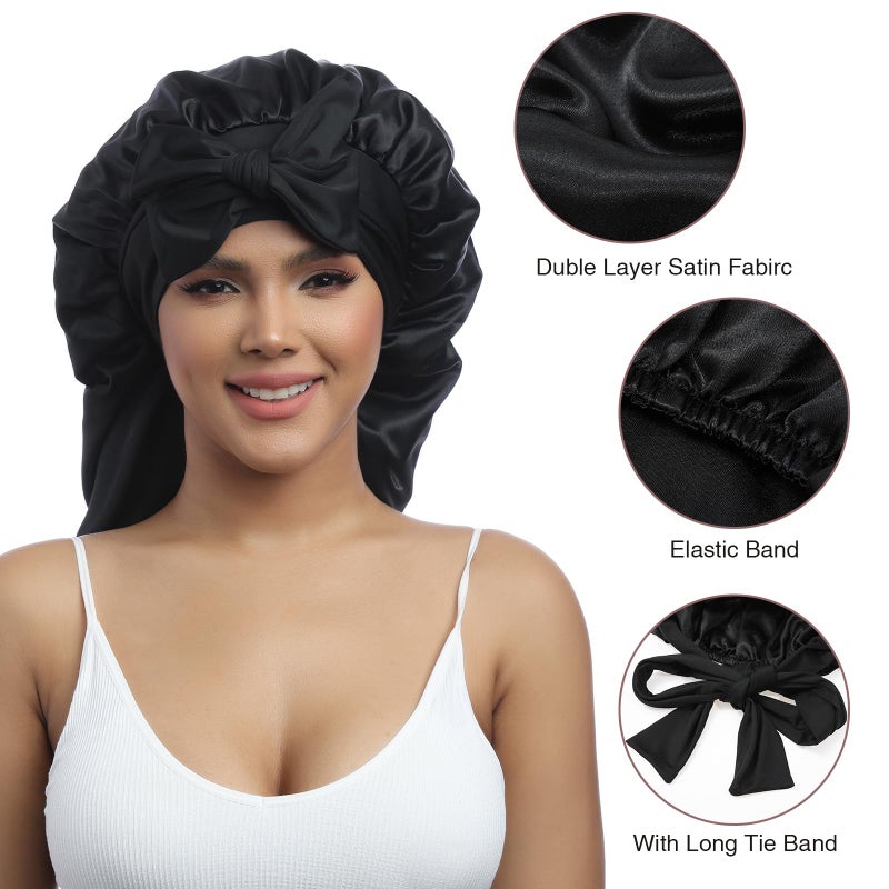 AWAYTR Long Satin Bonnet for Women - Double Layer Elastic Silk Bonnet for Braids Hair Sleeping Cap with Tie Band (Black) - Image 3