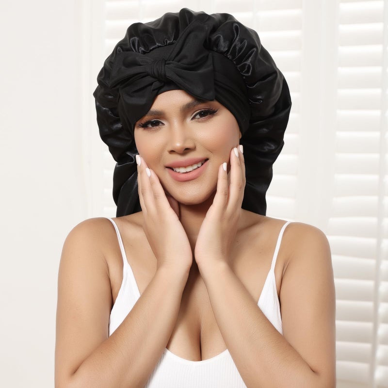 AWAYTR Long Satin Bonnet for Women - Double Layer Elastic Silk Bonnet for Braids Hair Sleeping Cap with Tie Band (Black) - Image 5