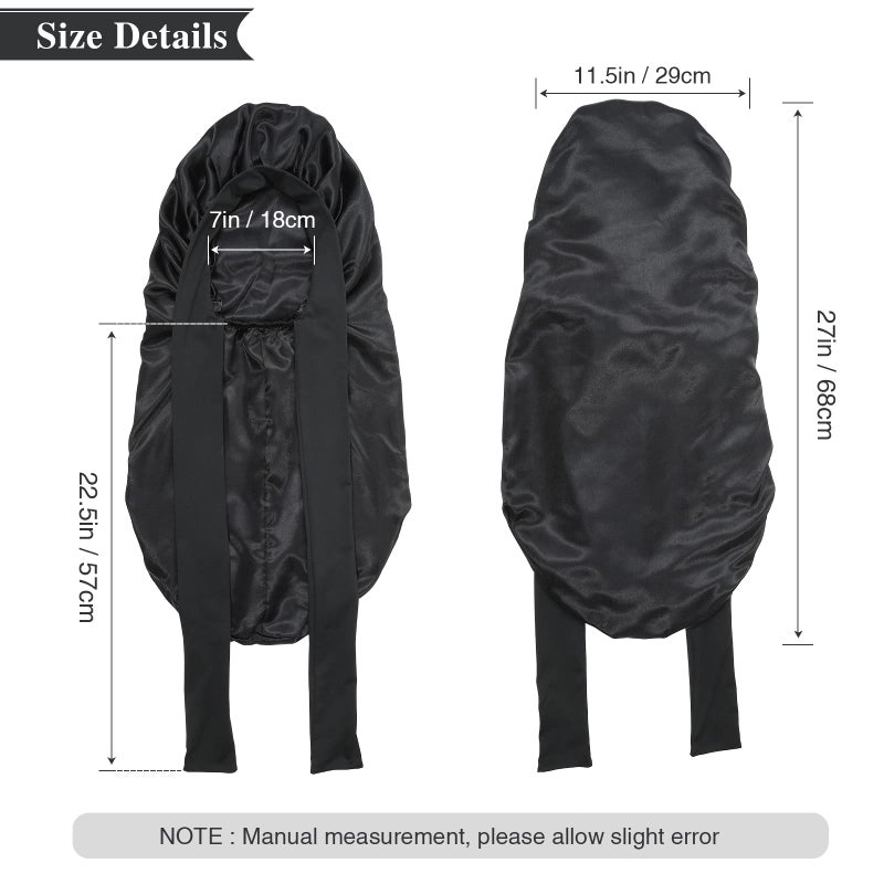AWAYTR Long Satin Bonnet for Women - Double Layer Elastic Silk Bonnet for Braids Hair Sleeping Cap with Tie Band (Black) - Image 2