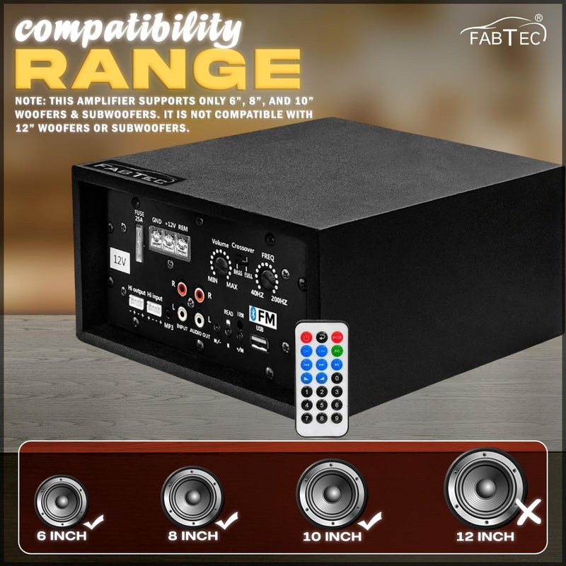 FABTEC مضخم صوت سيارة مزدوج القناة 12V 120W بلوتوث، USB، دعم FM | مضخم صوت ستيريو مع معزز باس، معالج صوت، اتصال لاسلكي - Image 2