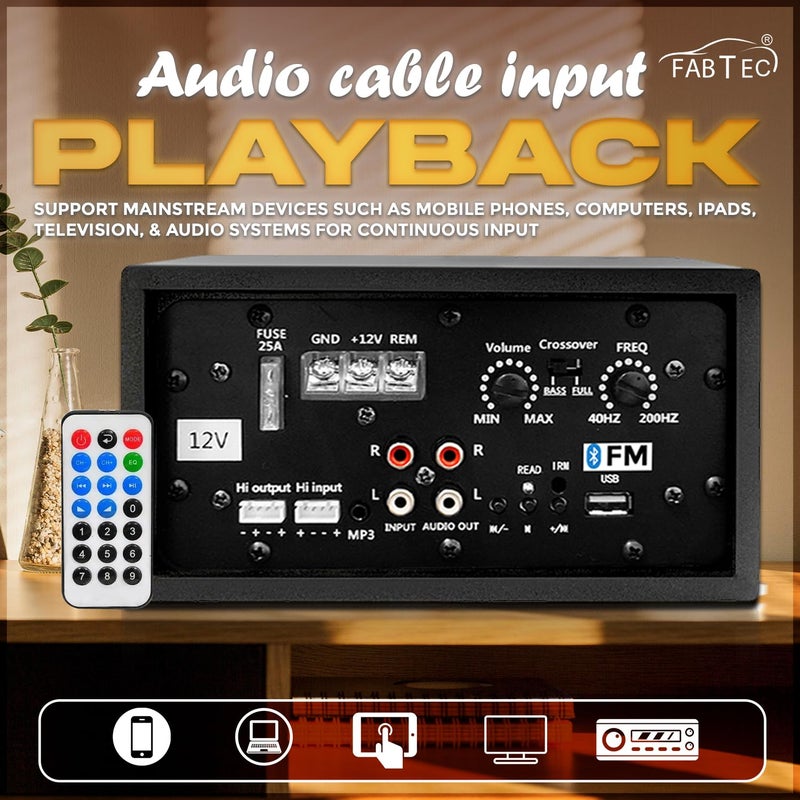 FABTEC مضخم صوت سيارة مزدوج القناة 12V 120W بلوتوث، USB، دعم FM | مضخم صوت ستيريو مع معزز باس، معالج صوت، اتصال لاسلكي - Image 5