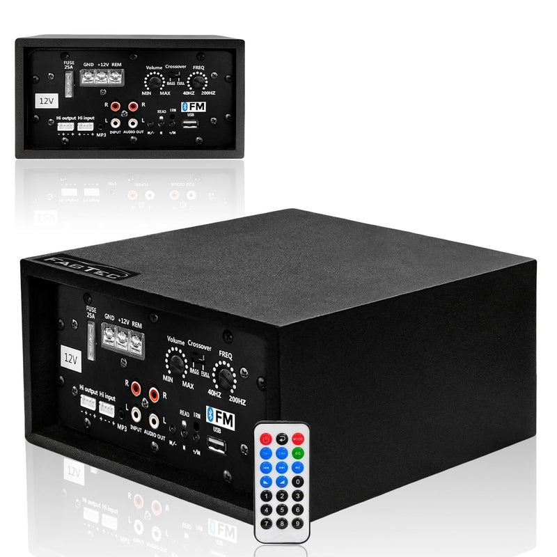 FABTEC مضخم صوت سيارة مزدوج القناة 12V 120W بلوتوث، USB، دعم FM | مضخم صوت ستيريو مع معزز باس، معالج صوت، اتصال لاسلكي - Image 1