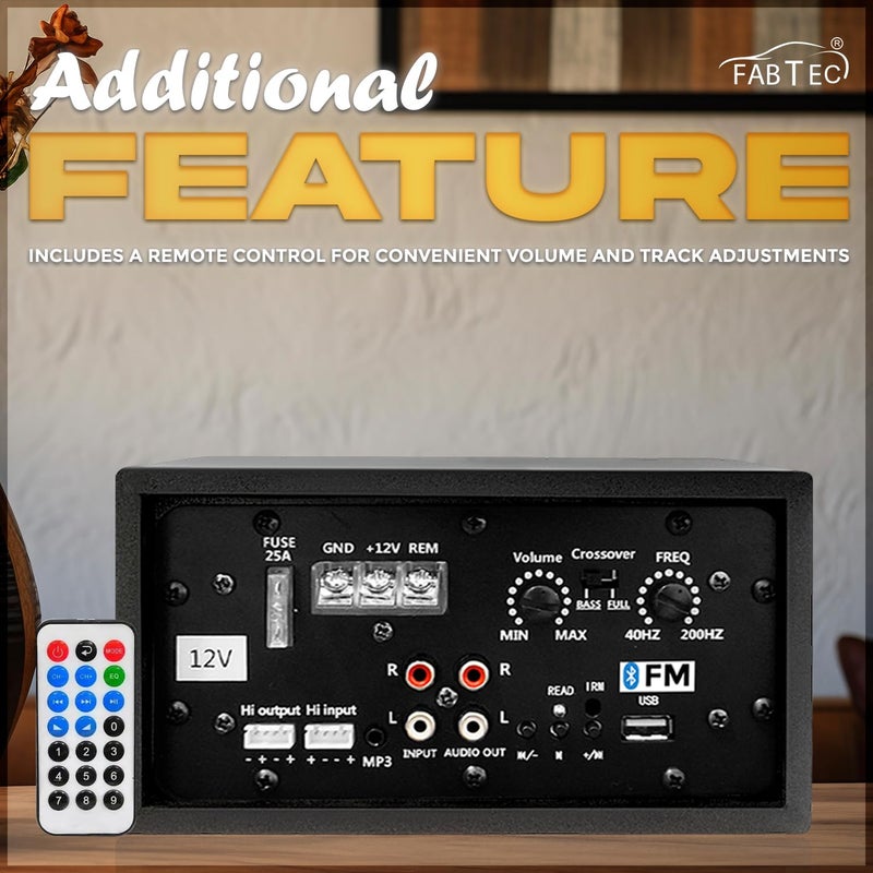 FABTEC مضخم صوت سيارة مزدوج القناة 12V 120W بلوتوث، USB، دعم FM | مضخم صوت ستيريو مع معزز باس، معالج صوت، اتصال لاسلكي - Image 4