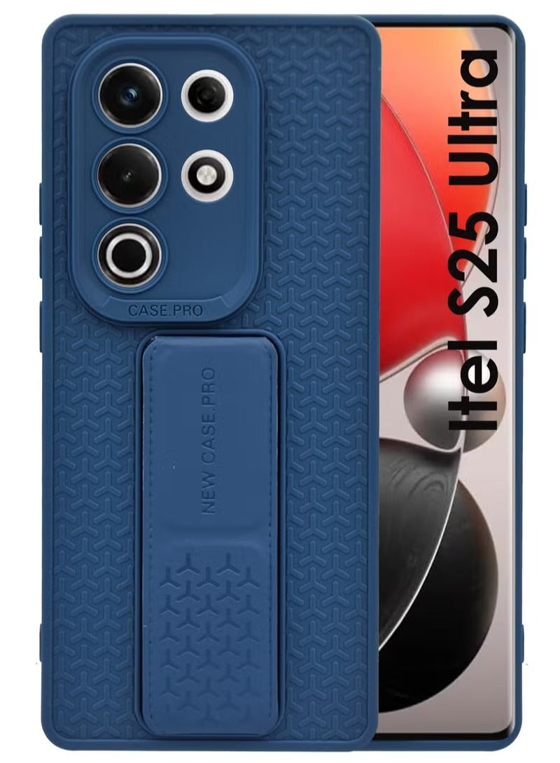 For Itel S25 Ultra - Semi Soft Silicone Magnetic Back Stand Case With Foldable Kickstand & Finger Strap - Navy Blue - Image 1