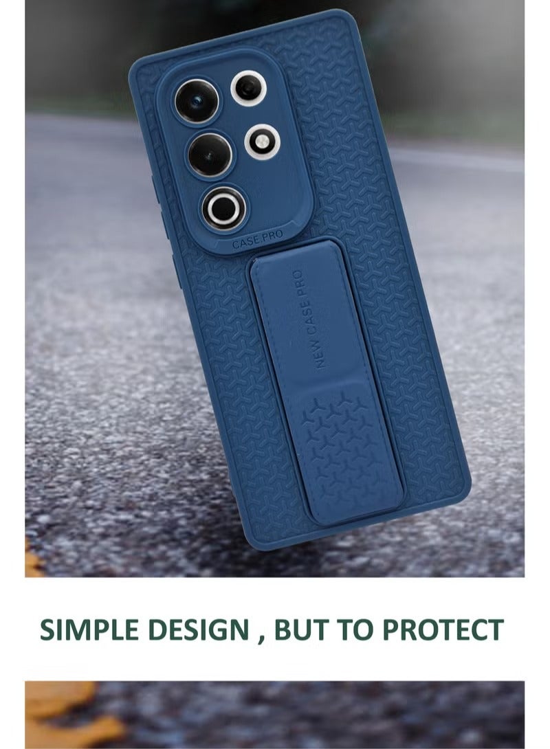 For Itel S25 Ultra - Semi Soft Silicone Magnetic Back Stand Case With Foldable Kickstand & Finger Strap - Navy Blue - Image 2
