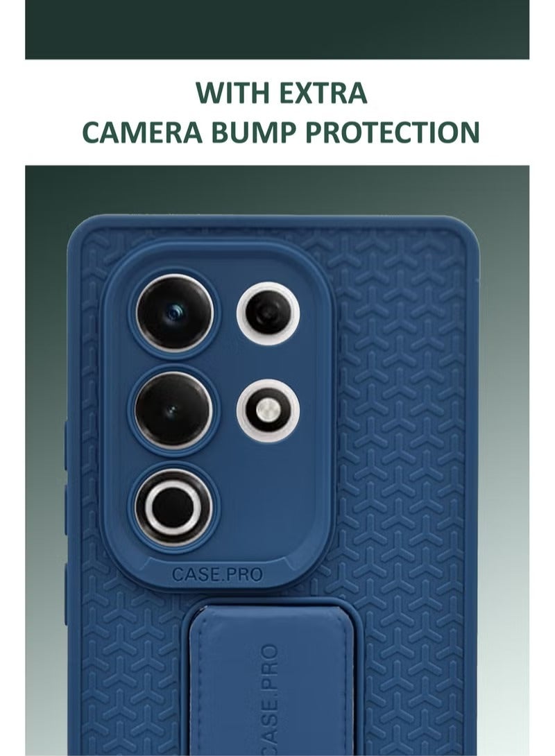 For Itel S25 Ultra - Semi Soft Silicone Magnetic Back Stand Case With Foldable Kickstand & Finger Strap - Navy Blue - Image 3