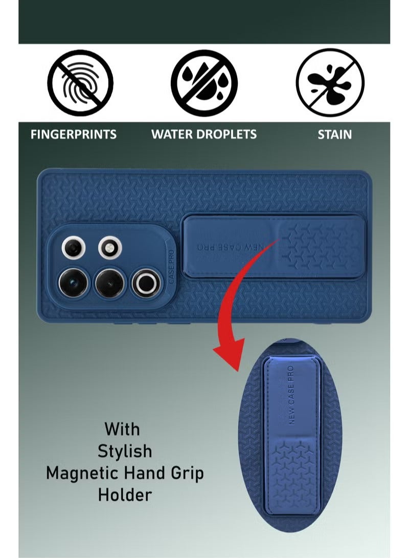 For Itel S25 Ultra - Semi Soft Silicone Magnetic Back Stand Case With Foldable Kickstand & Finger Strap - Navy Blue - Image 4