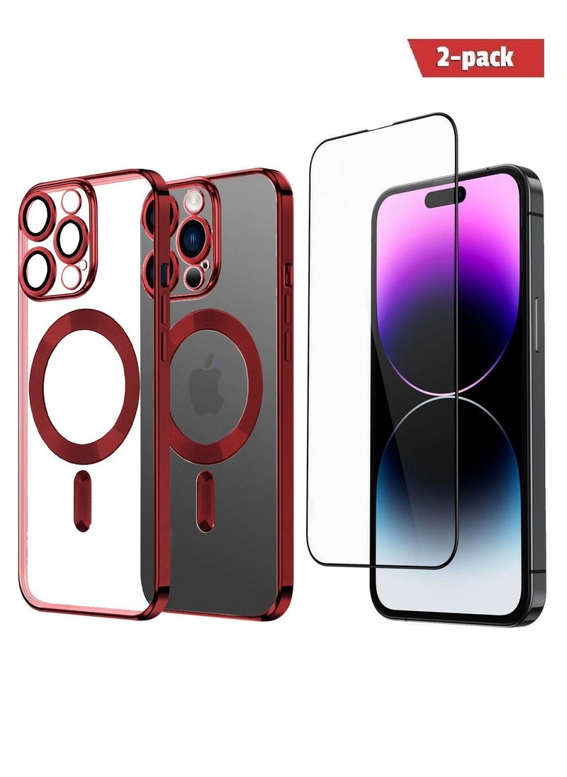 CATANES - 2Pack for iPhone 14 Pro Max Magsafe Case and Screen Protector Clear Electroplating Frame Wireless Charging Cover with Tempered Glass Red/Clear - Image 1