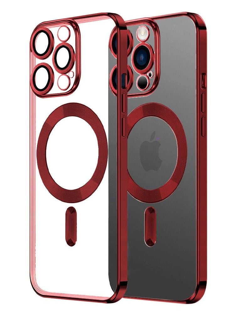 CATANES - 2Pack for iPhone 14 Pro Max Magsafe Case and Screen Protector Clear Electroplating Frame Wireless Charging Cover with Tempered Glass Red/Clear - Image 1