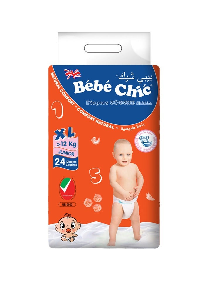 Bebe Chic Baby Diapers – Size XL (Above 12kg), 24 Diapers per Pack, | Ultra Soft, Leak Protection & Breathable Comfort for Growing Babies - Image 1