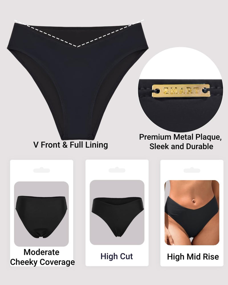 Zmart Women V Cut Cheeky Bikini Bottoms - Mid Waist High Cut Swim Bathing Suit Bottoms V Front Swimsuit Black L - Image 4