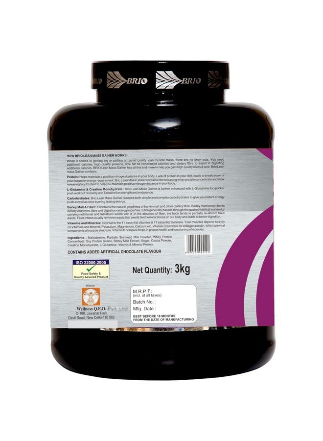 Brio Lean Mass Gainer With L-Glutamine And Creatine. 1173Kcals And 67.5 g Protein per 300g serving. Mass Gainer For Men And Women Chocolate Flavour Pack Of 3 Kg - Image 5