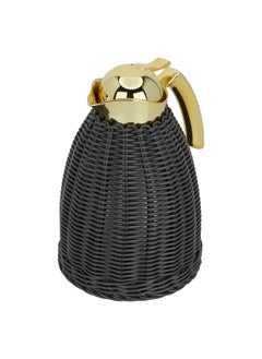 Alsaif Gallery Dark Gray Wicker Rattan Thermos With Golden Handle 1L  - Image 2