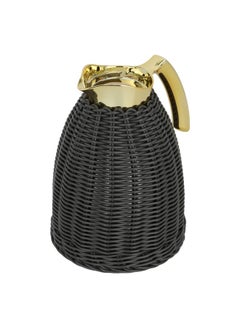 Alsaif Gallery Dark Gray Wicker Rattan Thermos With Golden Handle 1L  - Image 1