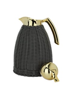 Alsaif Gallery Dark Gray Wicker Rattan Thermos With Golden Handle 1L  - Image 3