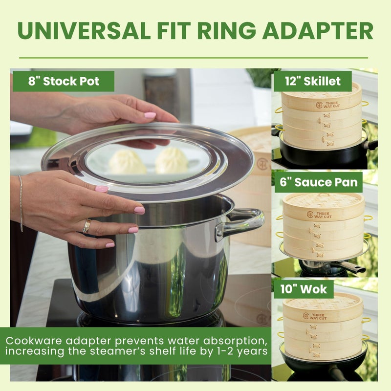 THREE WAY CUT Dumpling Bamboo Steamer 10 Inch 2 Tier Wooden Basket With Handle, Ring Adapter, Reusable Silicone Liner, Kit For Cooking Baby Bao Bun, Dim Sum, Rice Potsticker Steaming Chinese Asian Food & Vegetables - Image 5