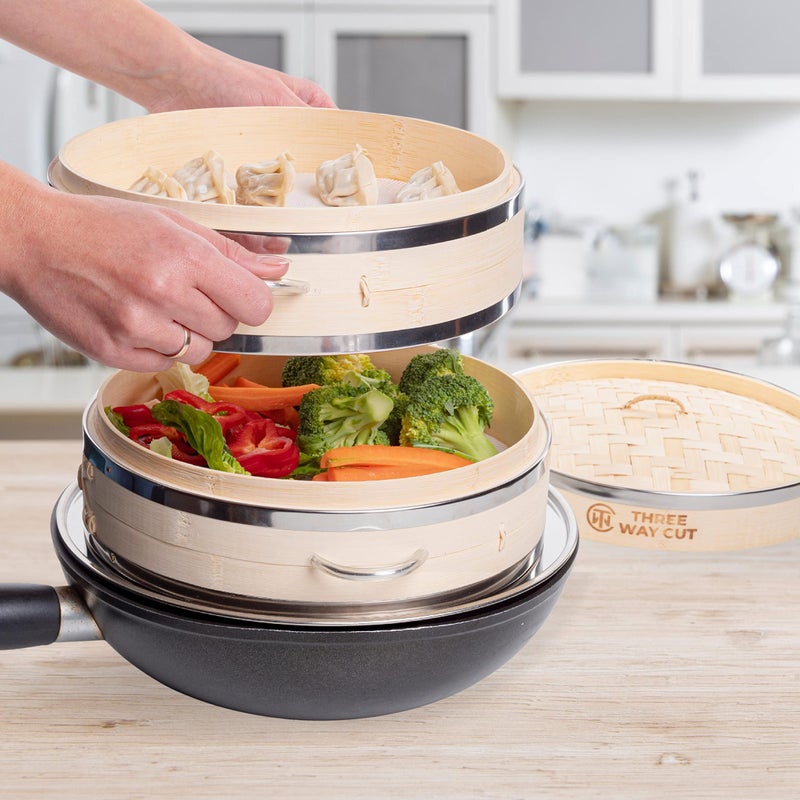 THREE WAY CUT Dumpling Bamboo Steamer 10 Inch 2 Tier Wooden Basket With Handle, Ring Adapter, Reusable Silicone Liner, Kit For Cooking Baby Bao Bun, Dim Sum, Rice Potsticker Steaming Chinese Asian Food & Vegetables - Image 4
